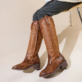 Женские сапоги в стиле Вестерн для девочек 2023, Модные женские сапоги до колена с вышивкой и круглым носком, осенне-зимние винтажные ботинки на платформе Zapatos Mujer