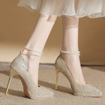 2024 Женские Пикантные туфли на высоком каблуке, весенние модельные туфли с бисером, Дизайнерский бренд, вечерние туфли с острым носком, Элегантные туфли-лодочки Zapatos Mujer