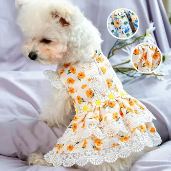 Милое платье для собаки для свадебной вечеринки, маленькие кружевные платья с цветочным рисунком для принцессы-собаки, милая одежда для щенков, летняя одежда для домашних животных, прямая поставка