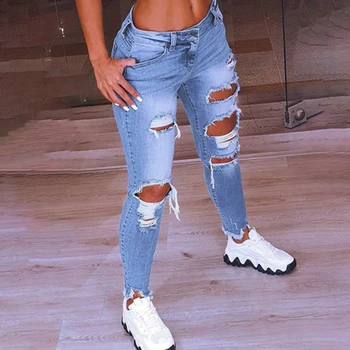 Женские джинсы с завязками, стрейчевые джинсы с рваными отверстиями, сексуальные тонкие женские брюки-карандаш полной длины с высокой талией.