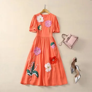 Роскошное платье 2024 Весна-лето, модный дизайн, женская цветочная вышивка ручной работы, Короткий рукав Миди, Фиолетово-оранжевое платье